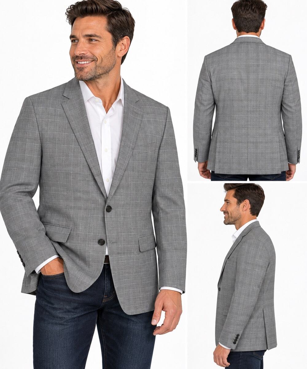 Perry Ellis Portfolio 50L Long Gray Plaid Sport Coat Blazer NWT Modern Fit